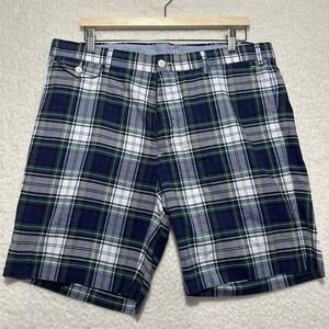 POLO RALPH LAUREN SLIM FIT Mens Flat Front Cotton Prep Shorts Navy Plaid Size 35